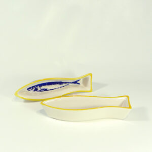 Keramik-Schale Fischform 16 x 4 cm Sardinen-Motiv, Racand gelb, ofenfest (Portugal)