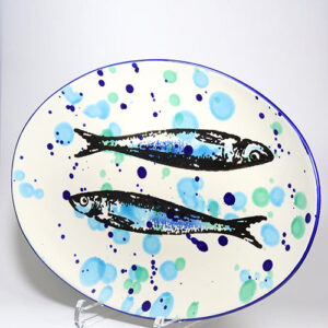 Servierplatte oval groß Sardinen-Motiv 38,5 x 27,5 cm mit Klecksen, ofenfest (Portugal)